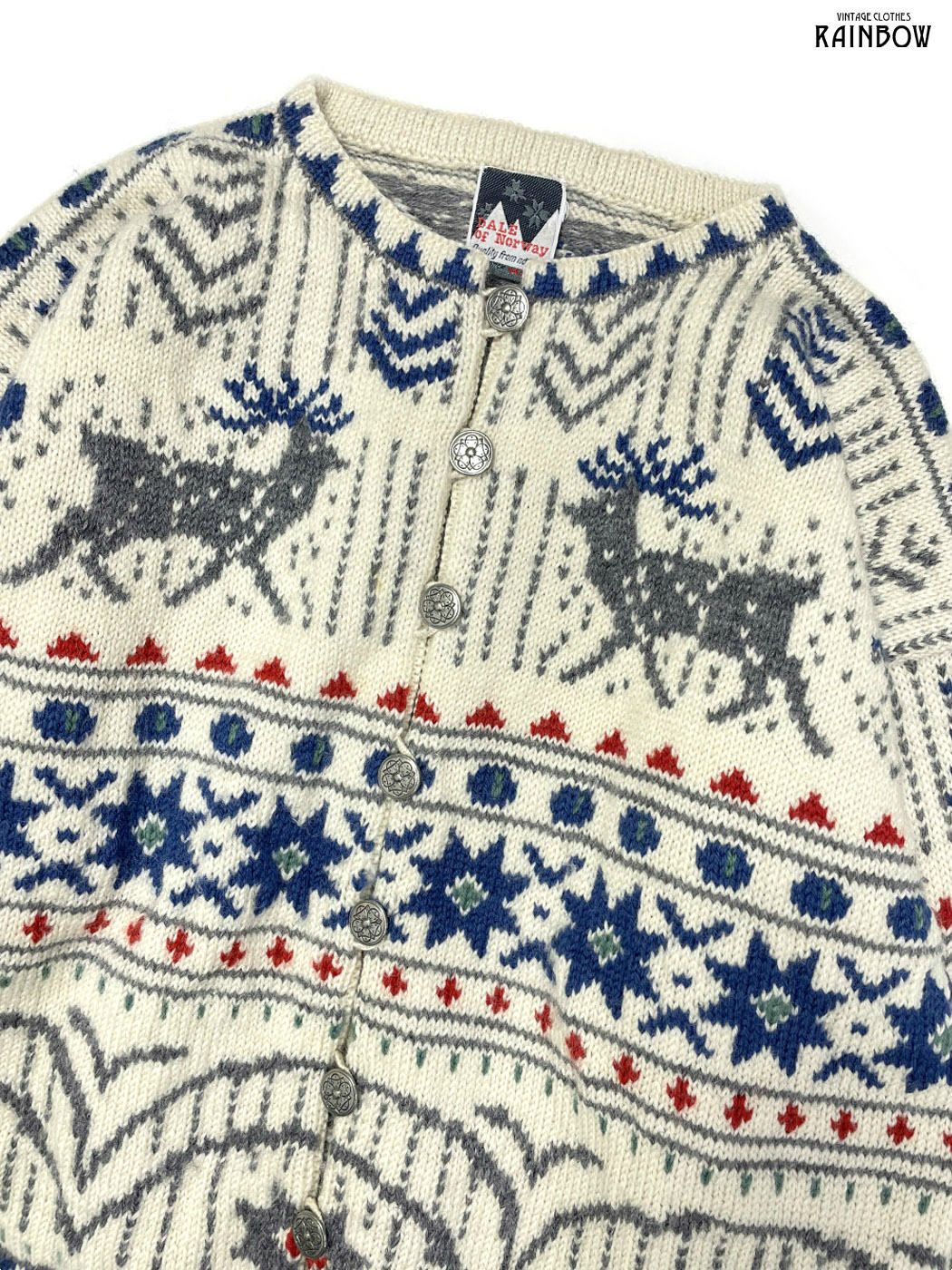 古着 DALE of Norway トナカイ 前開き 総柄 ノルディック柄 アニマル ピュアウール100％ 長袖 ニット カーディガン 白 生成り 青 ttu 2510099 フレアスカート その他 