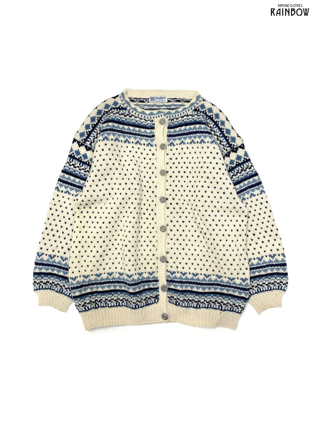 古着 hushiden 前開き 総柄 ノルディック柄 ウール100％ 長袖 ニット カーディガン 白 水色 生成り ttu 2510100