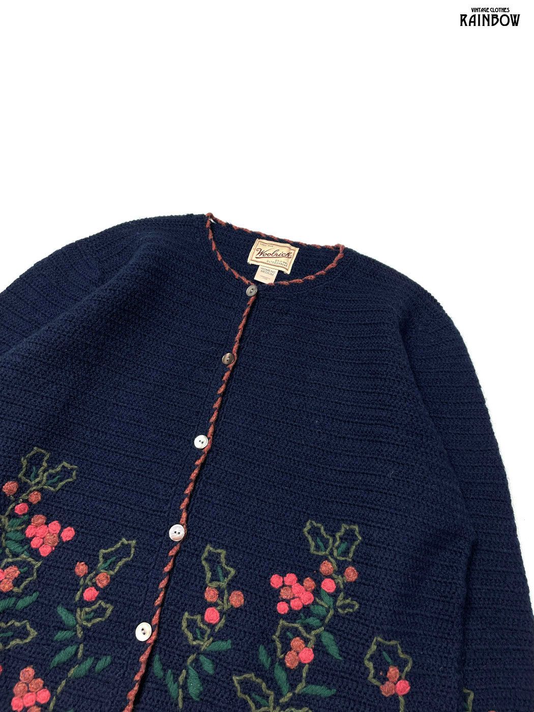 古着 Woolrich ウールリッチ ヒイラギ 刺繍 総柄 ウール100％ 長袖 ニット カーディガン 紺 ttu 2510181