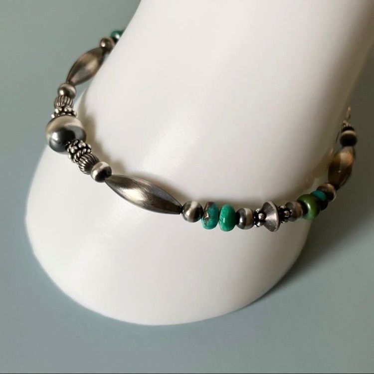 silver925 ナバホパール×天然ターコイズのブレスレット19.5cm メンズ