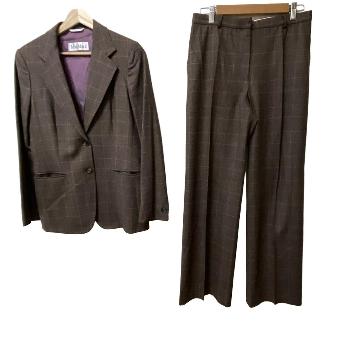 マックスマーラ レディースパンツスーツ レディース - ベージュ×黒×マルチ グレンチェック 肩パッド ノッチドラペル センタープレス