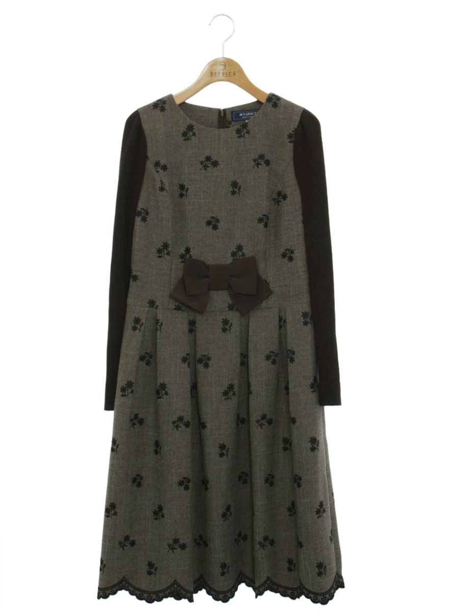 エムズグレイシー 111604 ワンピース 38 ブラウン 袖ニット 切替 フラワーモチーフ リボン