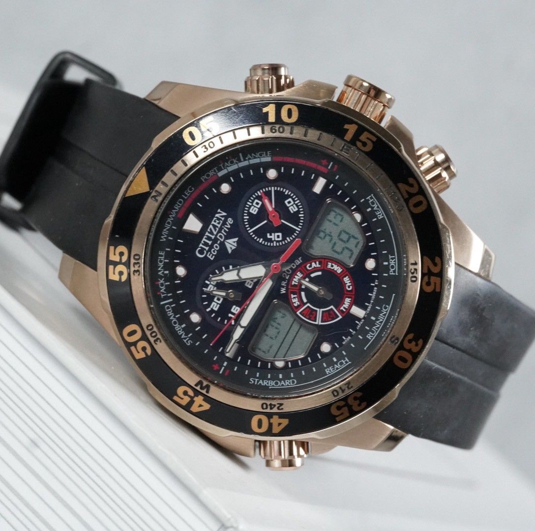 CITIZEN シチズン プロマスター JR 4046 03 E ヨットタイマー エコドライブ ソーラー ゴールド 金 黒 ラバーベルト 20気圧防水 C 660 デジアナ クロノグラフ 稼働品 海外モデル 逆輸入