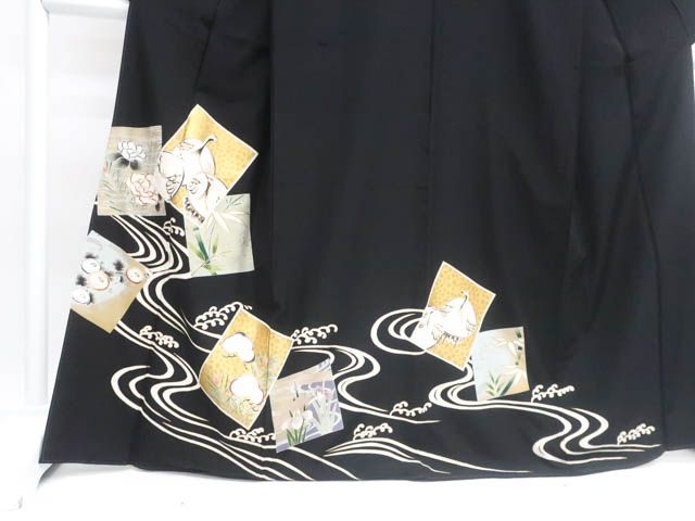 一輝堂】黒留袖 五つ紋 金駒刺繍 色紙に鶴と花 比翼仕立 正絹 着物
