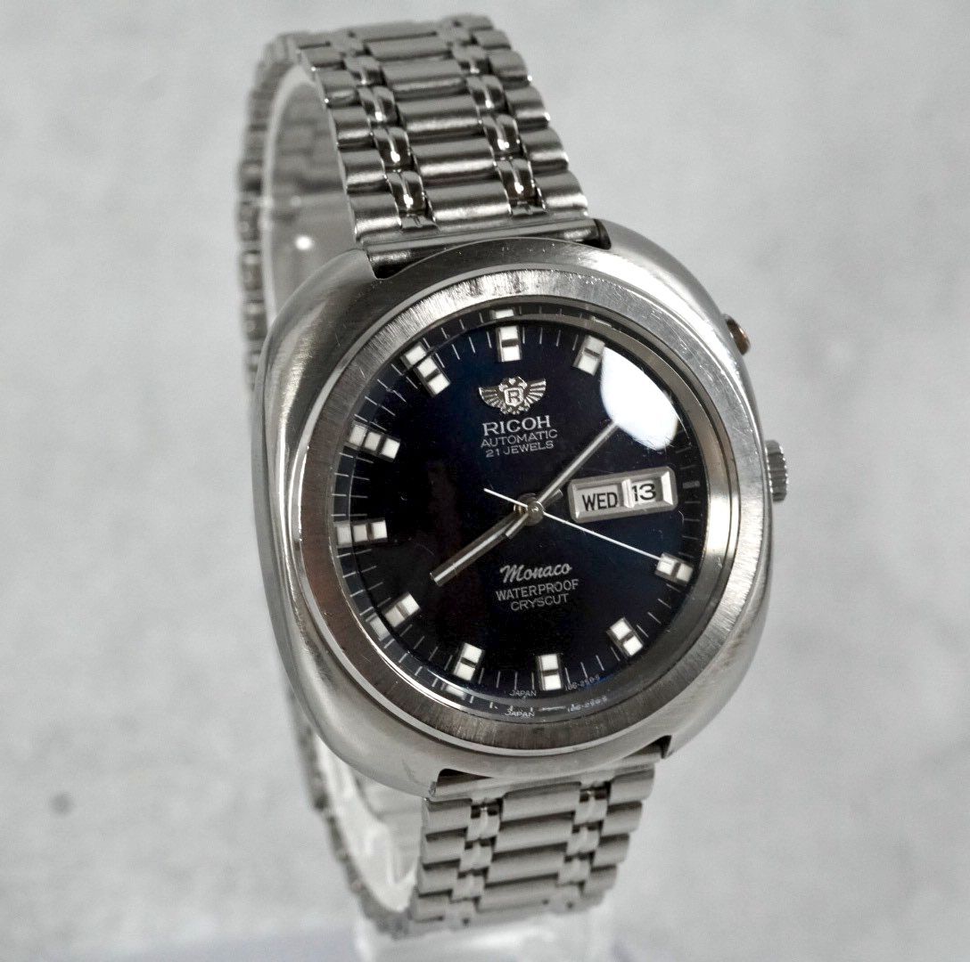 RICOH リコー Monaco モナコ automatic 自動巻き 腕時計 メンズ 青文字盤 ブルー グラデーション デイデイト 21石 antique 稼働品 70 s 国産 オールドリコー 機械式