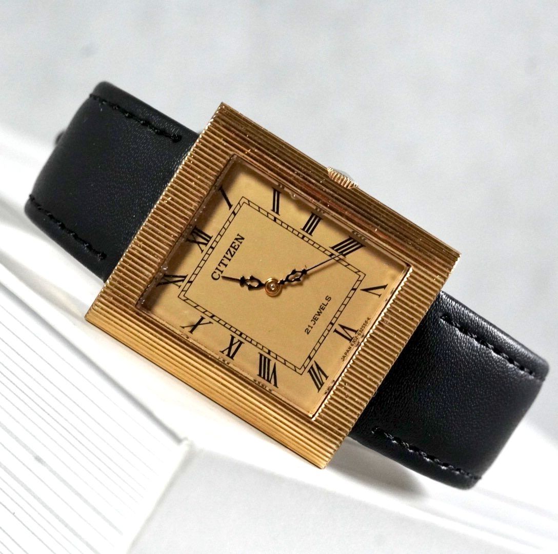 CITIZEN シチズン 手巻き 腕時計 メンズ 機械式 21石 21JEWELS スクエア レクタングル 角型 ゴールド ローマ数字 テクスチャーベゼル 彫金 vintage antique レトロ 稼働品 アナログ 2針 薄型 ドレスウォッチ 希少 レア