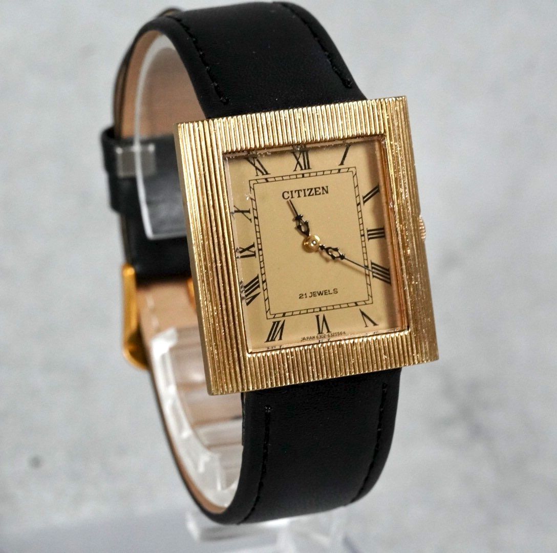 CITIZEN シチズン 手巻き 腕時計 メンズ 機械式 21石 スクエア レクタングル 角型 ゴールド ローマ数字 テクスチャーベゼル 彫金 antique レトロ 稼働品 アナログ 2針 薄型 ドレスウォッチ