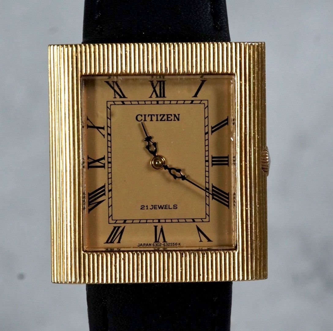 CITIZEN シチズン 手巻き 腕時計 メンズ 機械式 21石 スクエア レクタングル 角型 ゴールド ローマ数字 テクスチャーベゼル 彫金 antique レトロ 稼働品 アナログ 2針 薄型 ドレスウォッチ