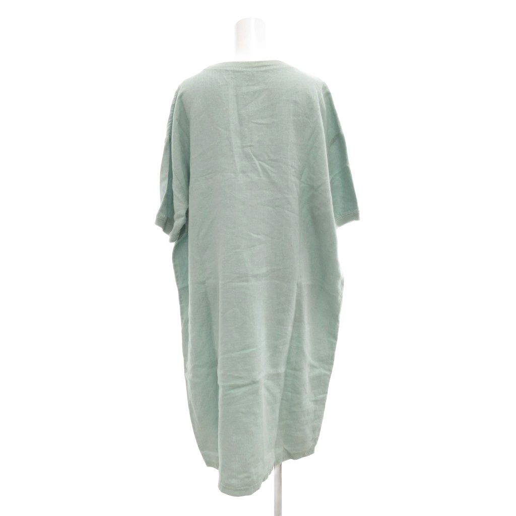 ワンピース 半袖 麻 リネン クルーネック ミモレ ロング 水色 ライトブルー |AE