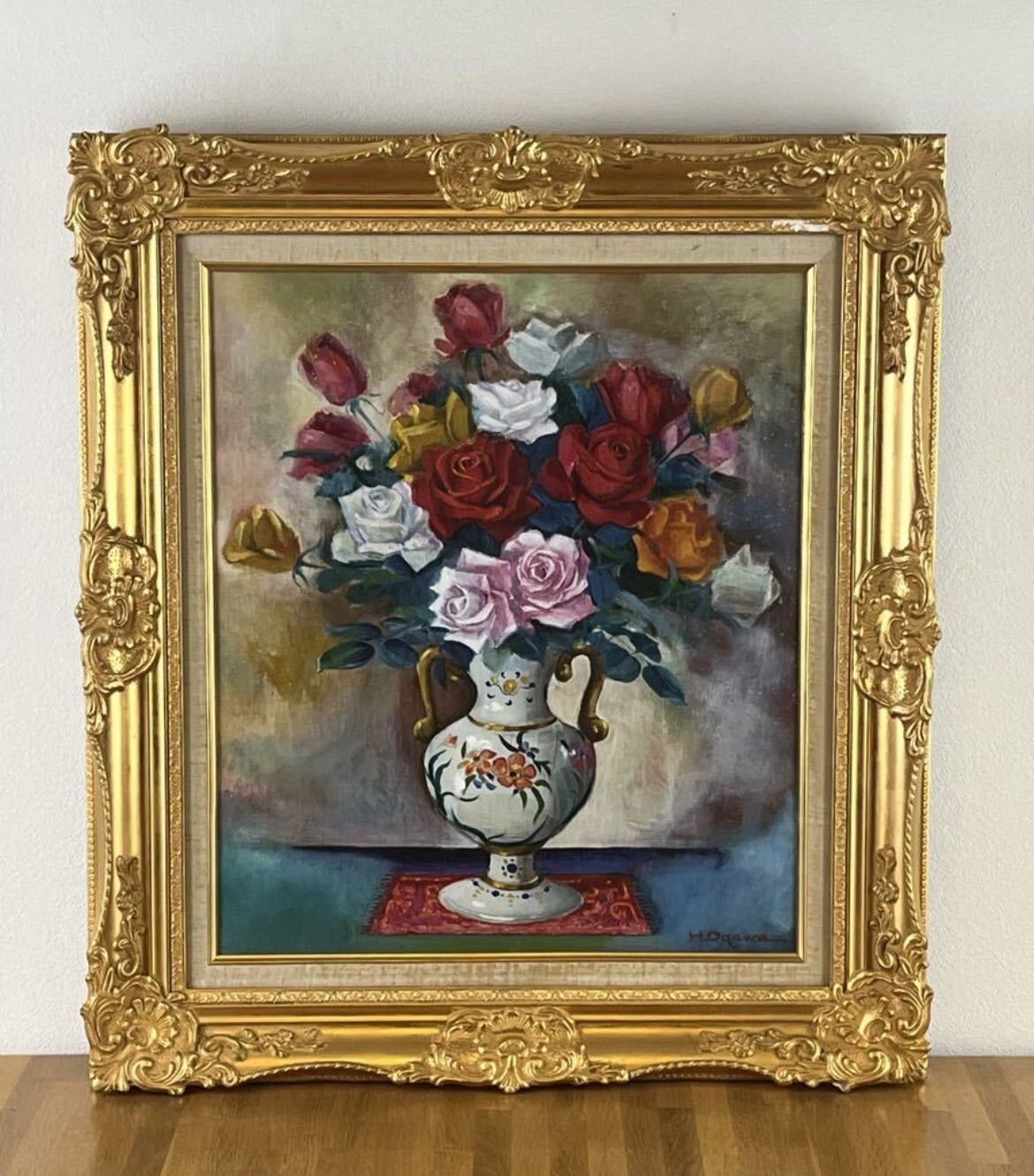 小川等 「薔薇図」油彩 10号 静物画 直筆サイン入り 示現会会員 岐阜県