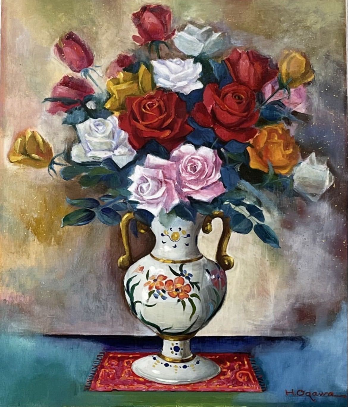 小川等 「薔薇図」油彩 10号 静物画 直筆サイン入り 示現会会員 岐阜県