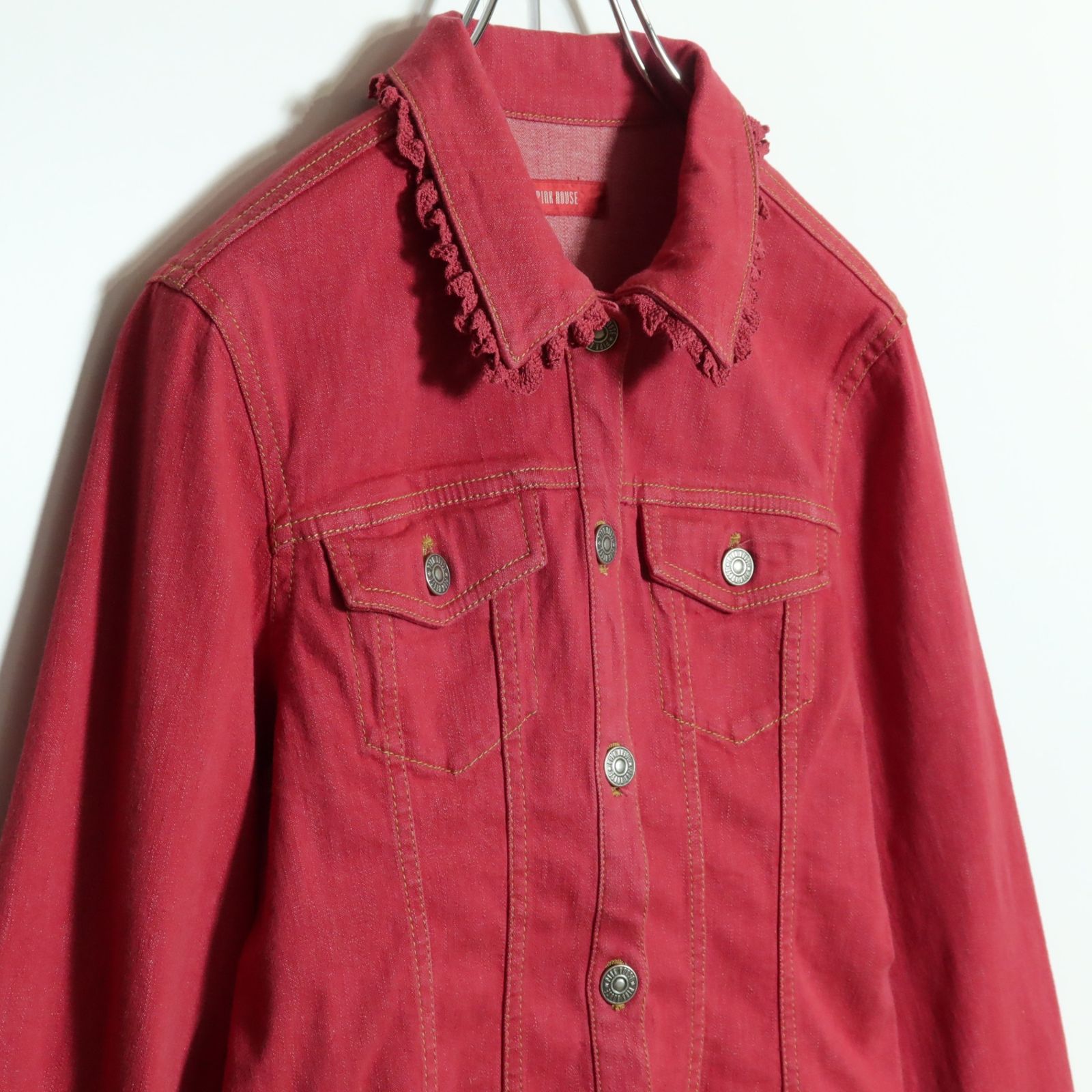 赤色デニムピンクハウスジャンバー 美品】ピンクハウス☆目を惹く！ かぎ針編み風レースが可愛い デニム
