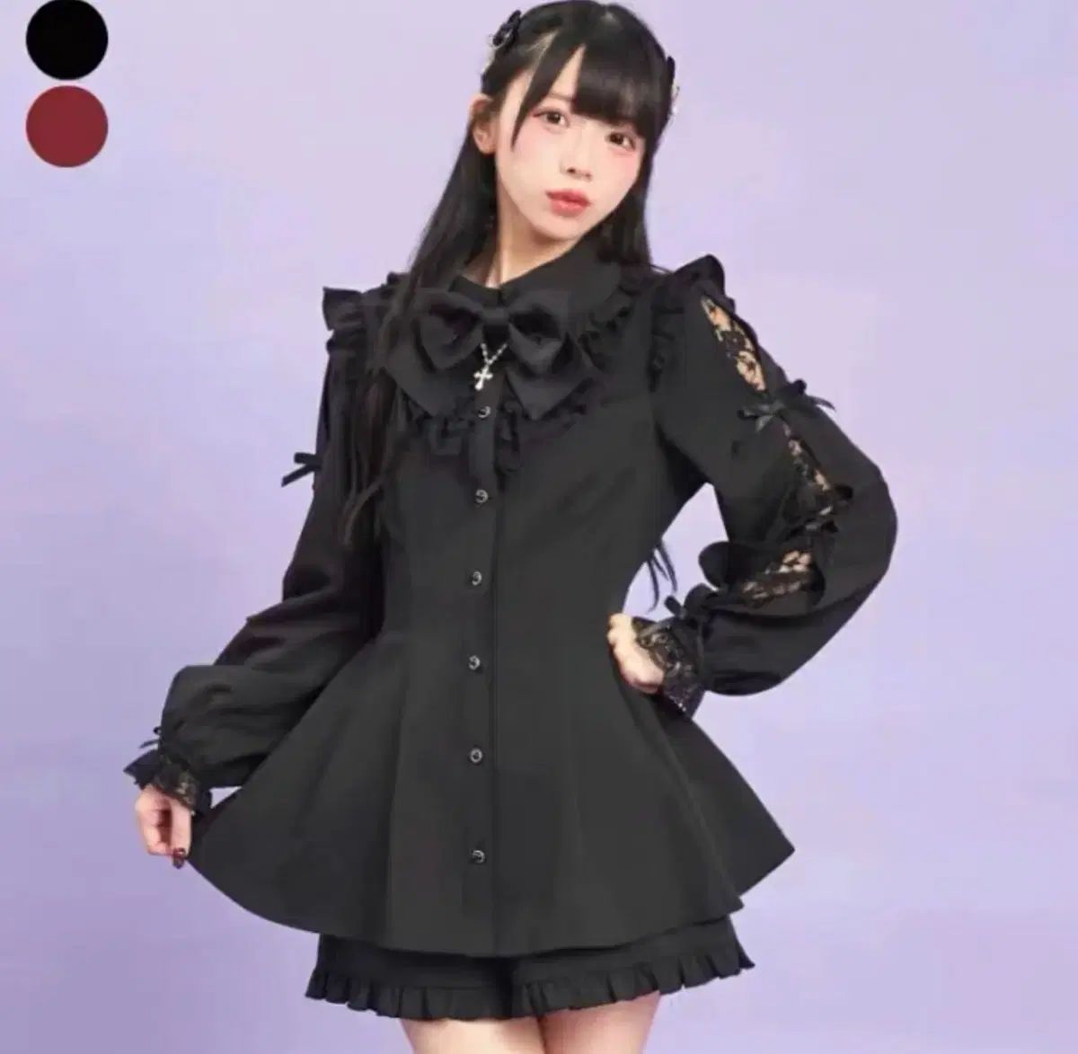 Secret Honey ブラック 十字架 ラッフル オープンショルダー スリット 切り替え セットアップ 地雷系 量産型