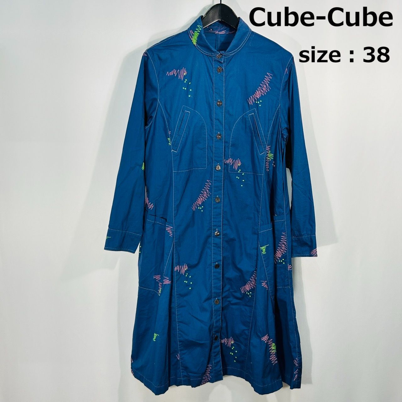 Cube-Cube【38】ブルー 長袖 刺繍シャツ ワンピース ロングドレス