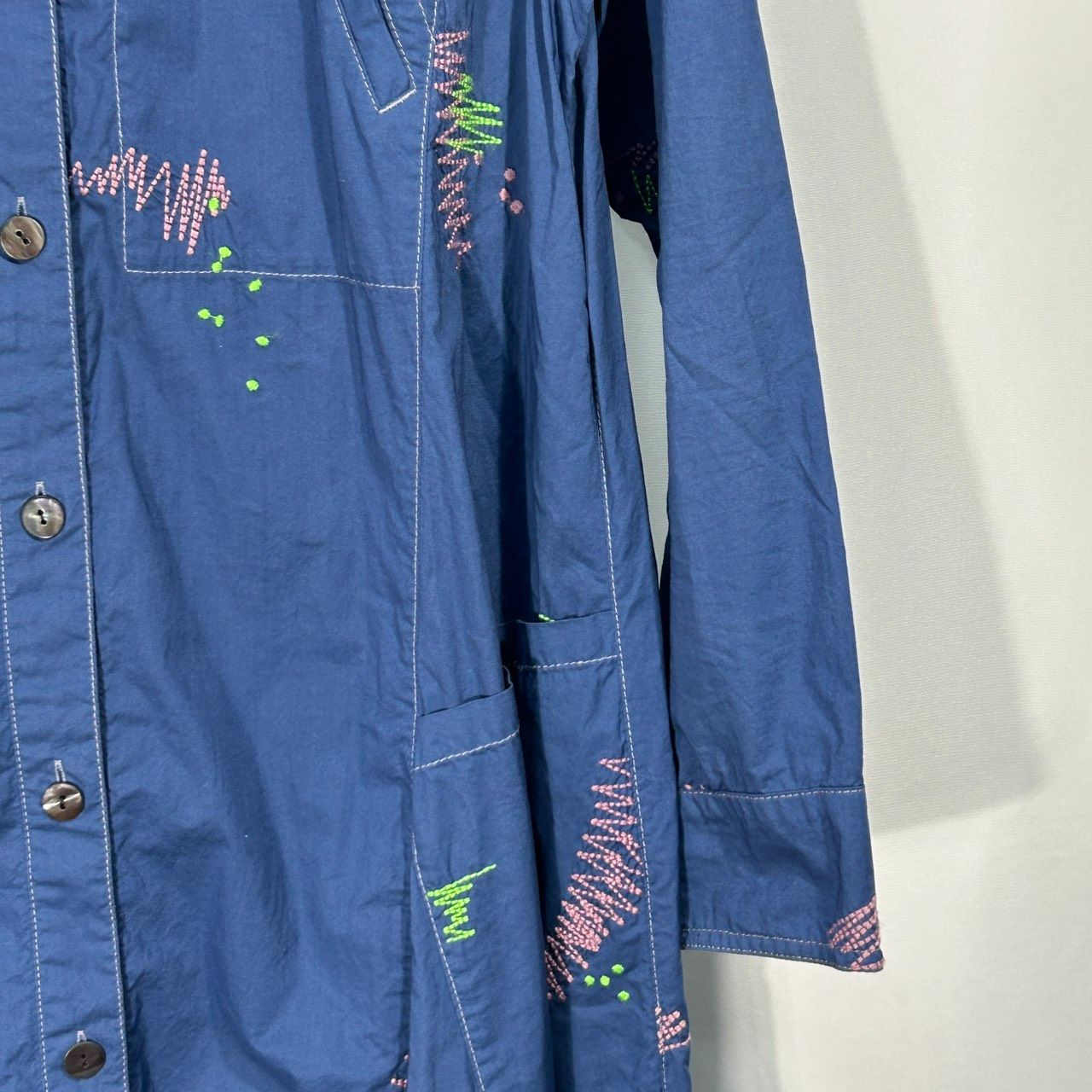 Cube-Cube【38】ブルー 長袖 刺繍シャツ ワンピース ロングドレス