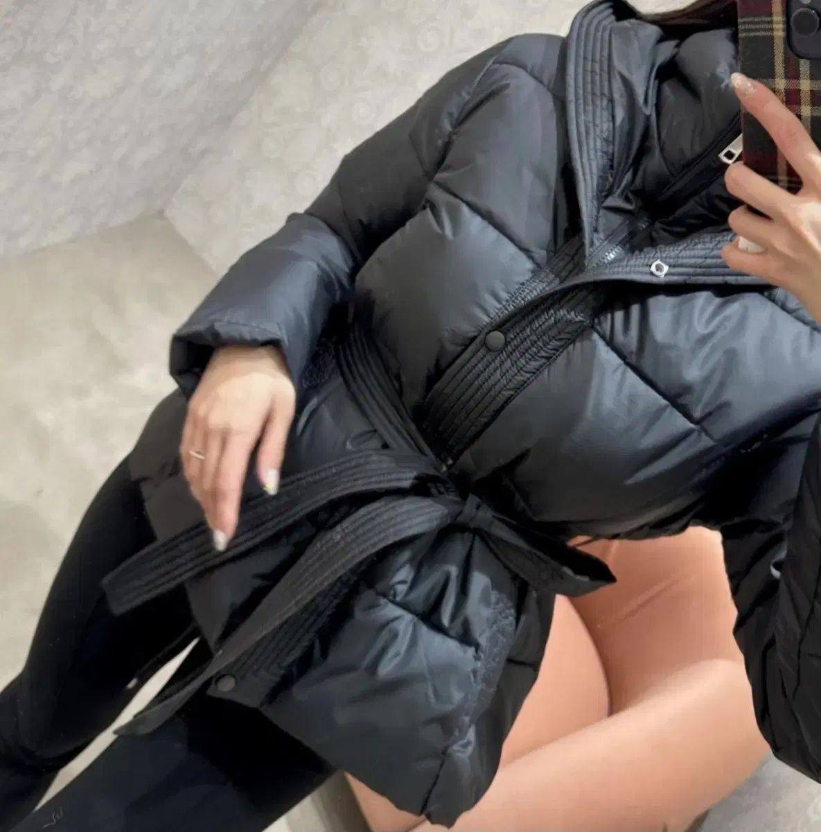 新品) ブラック ダブル フード ベルト付きダウン 出品
