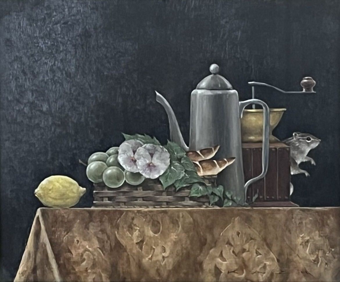 渡辺一夫 「リスのいる静物」油彩 8号 静物画 共シール 直筆サイン入り