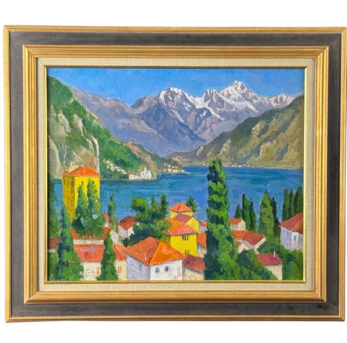 垣内謙晴「コモ湖(イタリア)」油彩 F12号 大作 風景画 直筆サイン入り