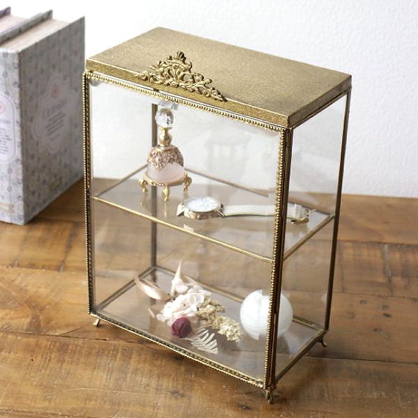 ～・ショーケース・アイボリーにゴールド飾り ショーケース 卓上 アンティーク ゴールド ガラス 透明 小物入れ 2段