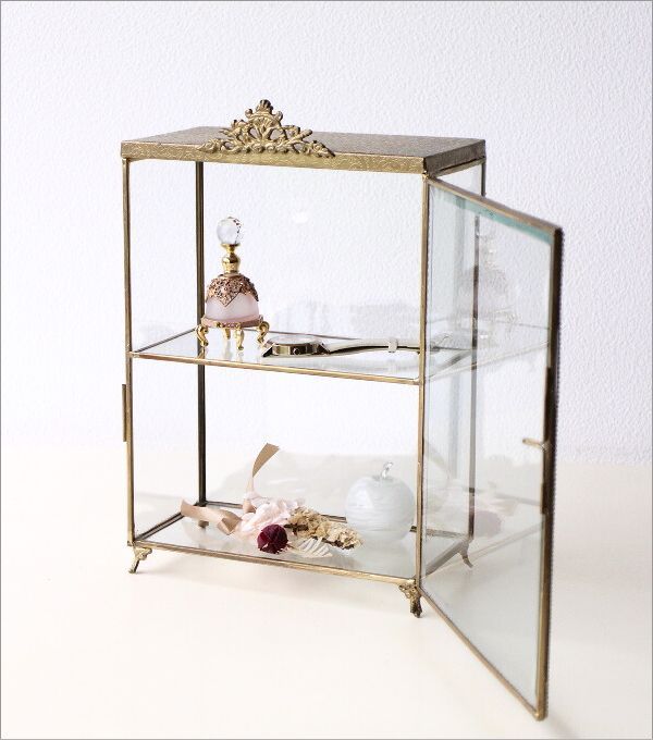 ショーケース 卓上 アンティーク ゴールド ガラス 透明 小物入れ 2段