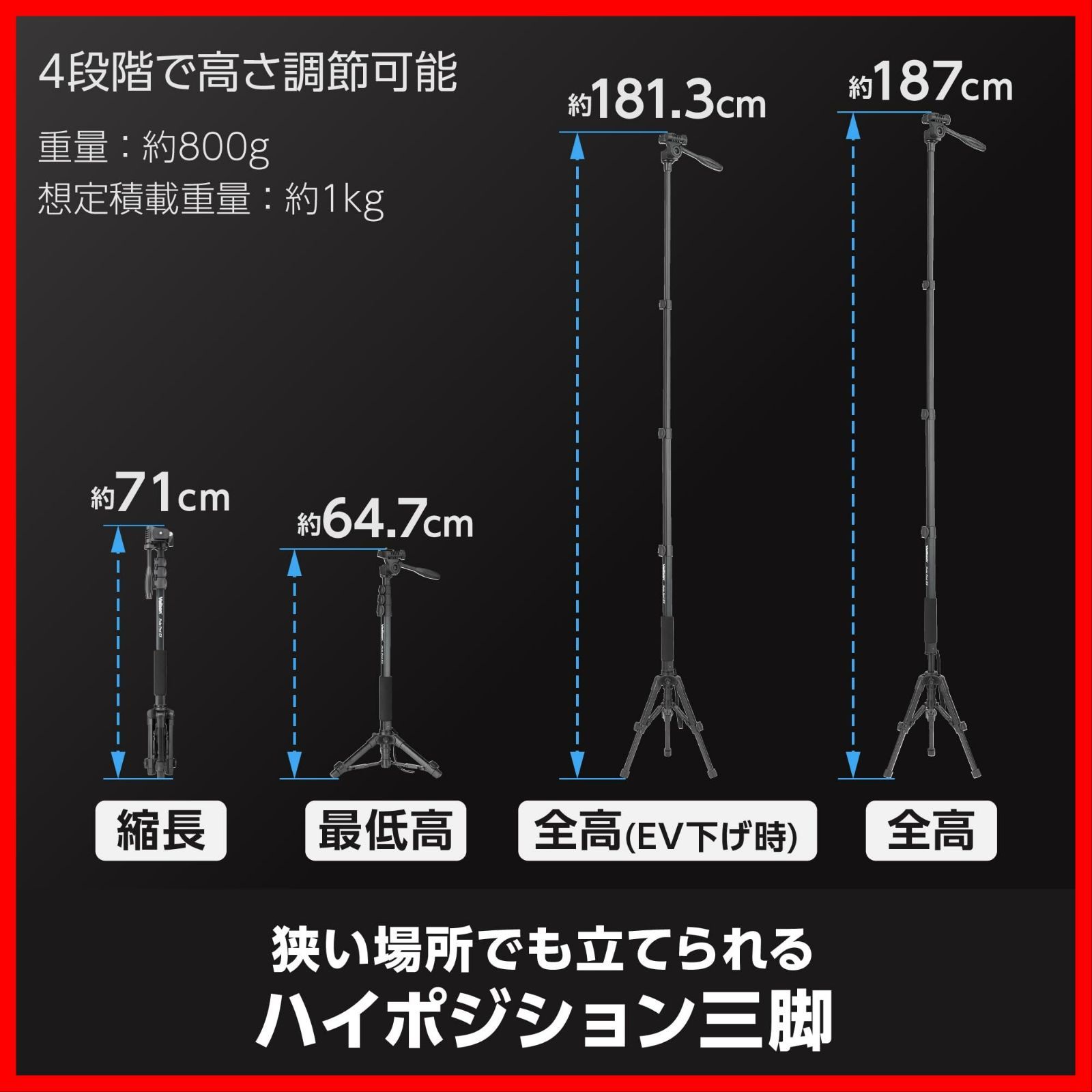 Velbon スタンド型一脚 Pole ベルボン Pod EX AZ ポール部4段 脚部2段 レバーロック ポール部径23 mm 脚部径17 小型 3 Way雲台 クイックシュー対応 一脚ポール付卓上三脚 一脚単独使用 卓上三脚化 アルミ脚 脚 黒 カメラバッグインナー 一脚 