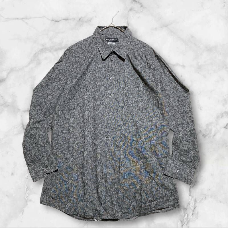 DOLCE - GABBANA ドルチェアンドガッパーナ ドレスシャツ 長袖 ローズプリント ゴールドフィット 17 43 サイズL 相当