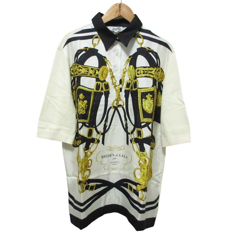 クリーニング済 HERMES エルメス BRIDES DE GALA ツイルレーヌ ハーフスリーブポロシャツ L ホワイト ブラック レディース 古着