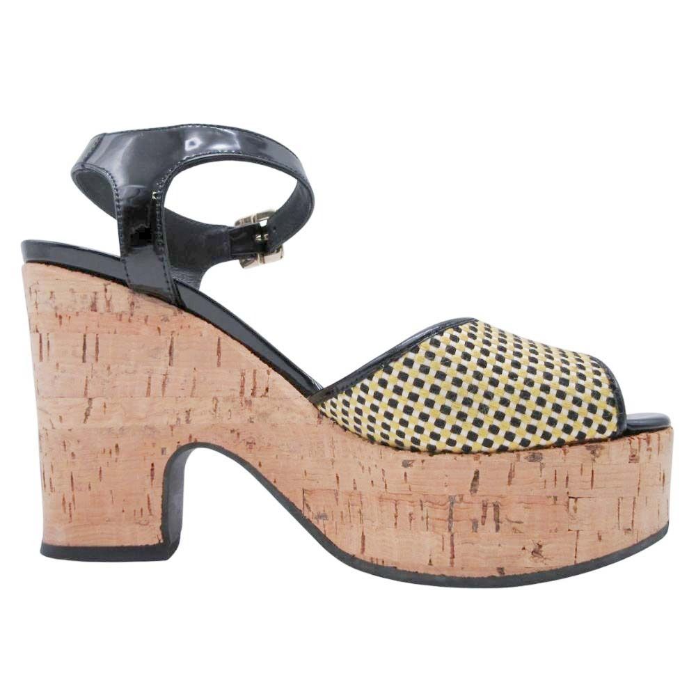 FRENDI フェンディ コルクソール 厚底 ストラップ サンダル シューズ 靴 エナメル 35.5 22.5 cm 黒 ブラック ベージュ レディース 古着