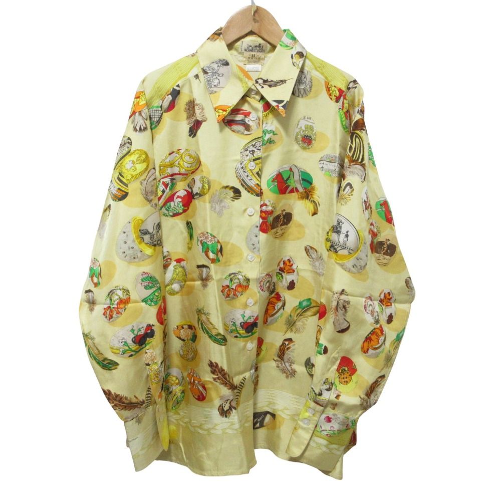 クリーニング済 HERMES エルメス COUVEED’HERMES 長袖シルクシャツ ブラウス 44 クリームイエロー レディース 古着