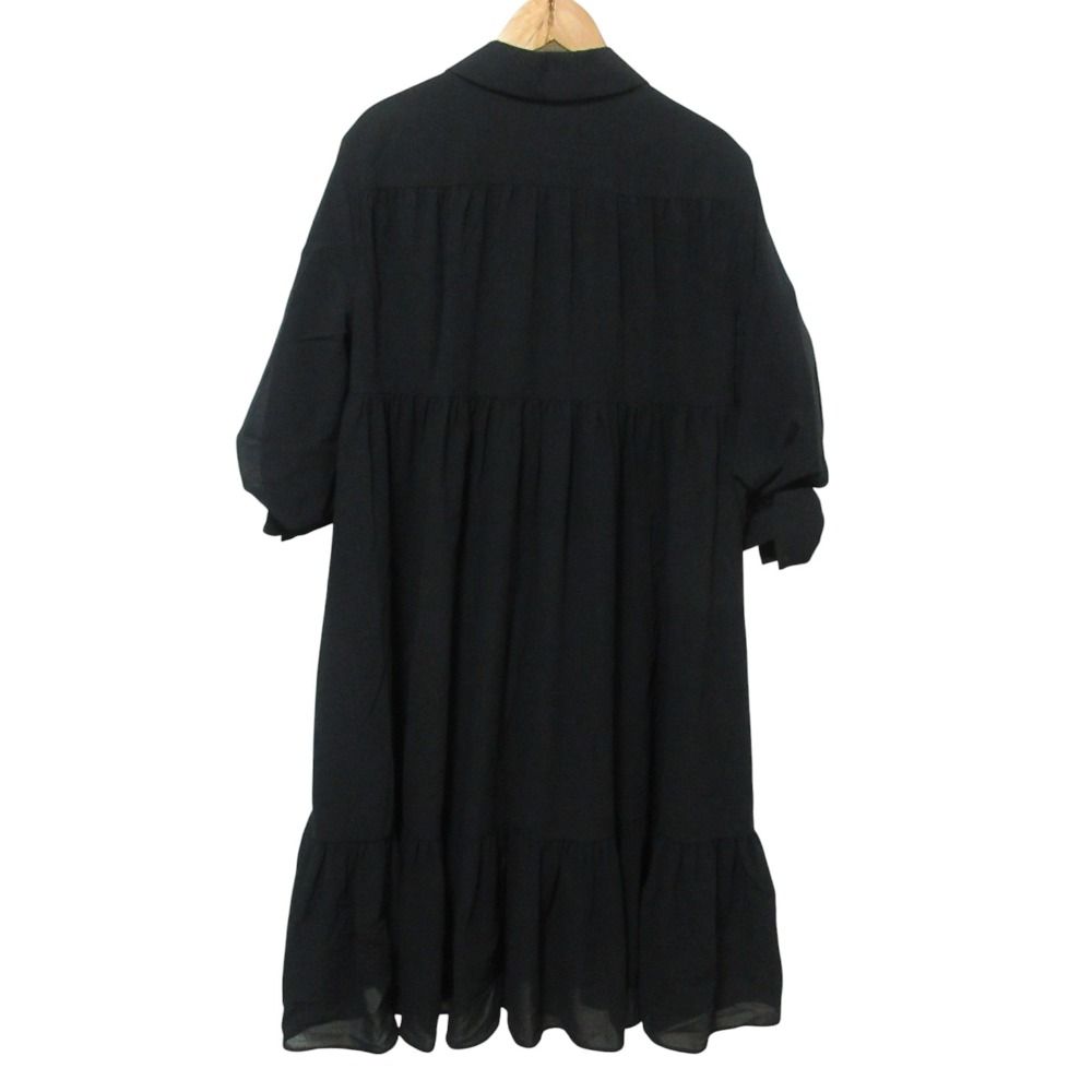 クリーニング済 24 SS Rene ルネ リボンスリーブ ギャザーティアードワンピース 36 ブラック レディース 古着