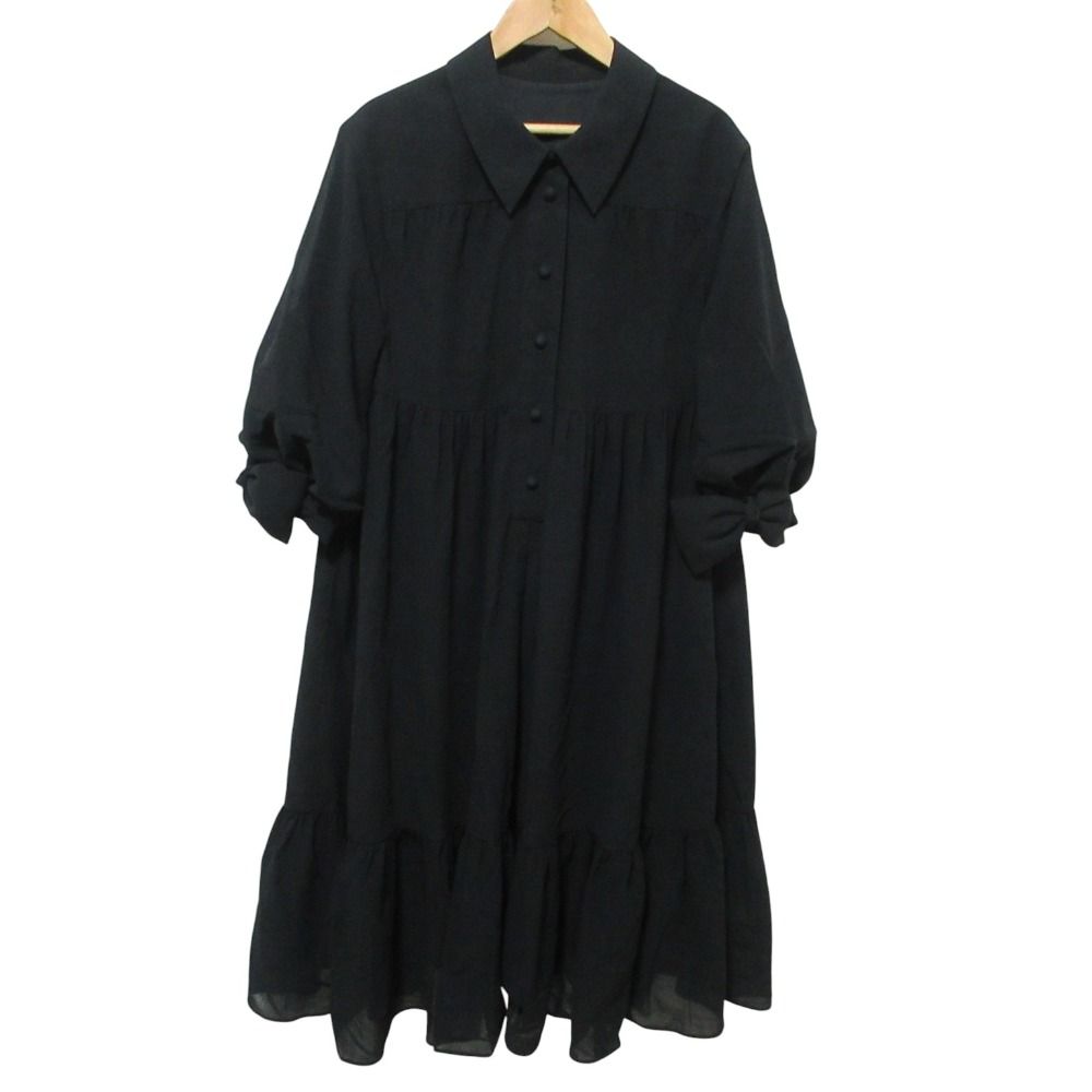 クリーニング済 24 SS Rene ルネ リボンスリーブ ギャザーティアードワンピース 36 ブラック レディース 古着