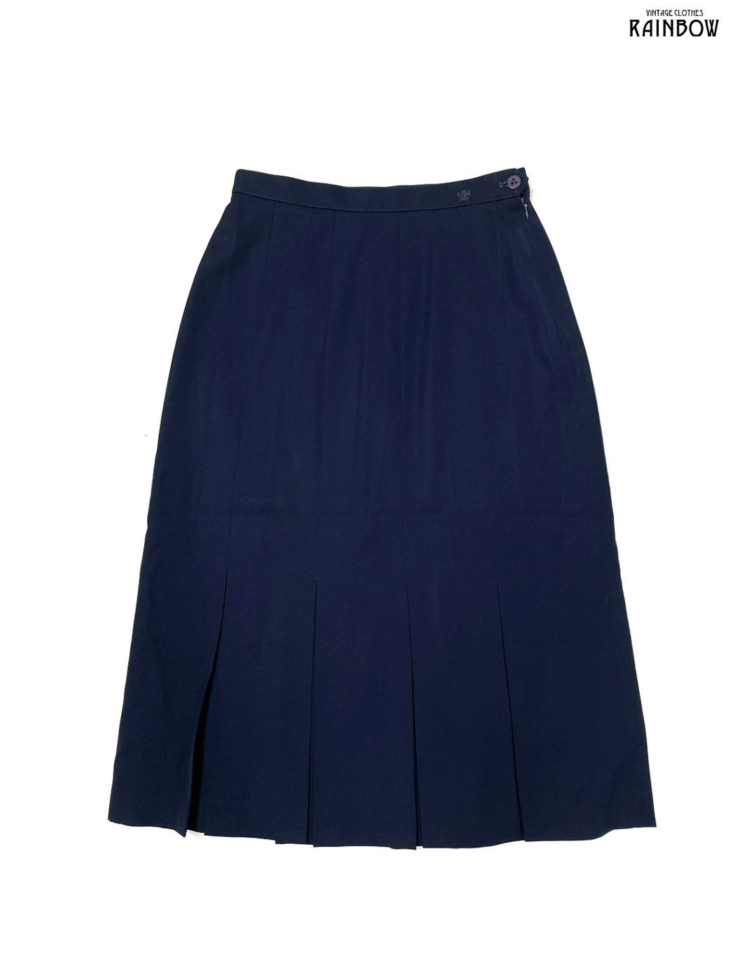 古着 van Laack 無地 ワンポイント 刺繍 ウール100％ 膝丈 プリーツ スカート 紺 (btu2511041)
