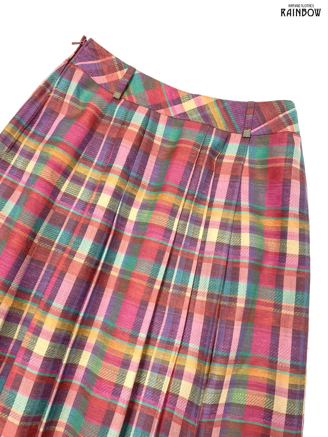 古着 Jean Dantien チェック柄 ウール ロング丈 スカート ピンク 紫 btu 2511043