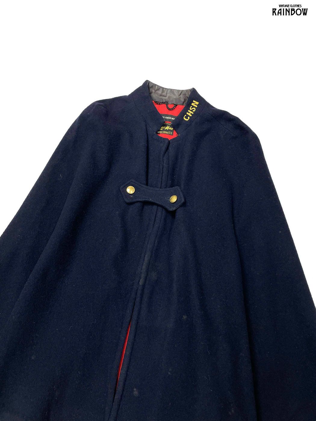 古着 Lac Mac UHSN 刺繍 無地 ピュアウール100％ 長袖 アウター 羽織り ポンチョ 紺 ttu 2511039