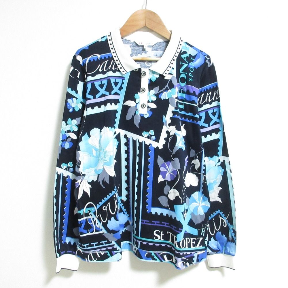 LEONARD SPORT レオナールスポーツ フラワープリント ロングスリーブ ポロシャツ サイズ42 ネイビー レディース 古着