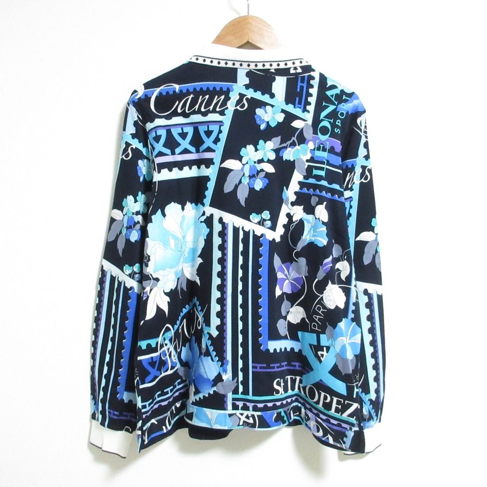 LEONARD SPORT レオナールスポーツ フラワープリント ロングスリーブ ポロシャツ サイズ42 ネイビー レディース 古着