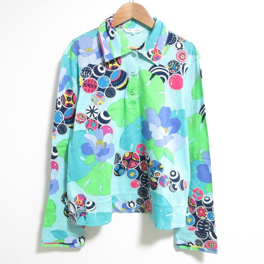 LEONARD SPORT レオナールスポーツ フラワープリント ロングスリーブ ポロシャツ サイズ42 ブルー レディース 古着