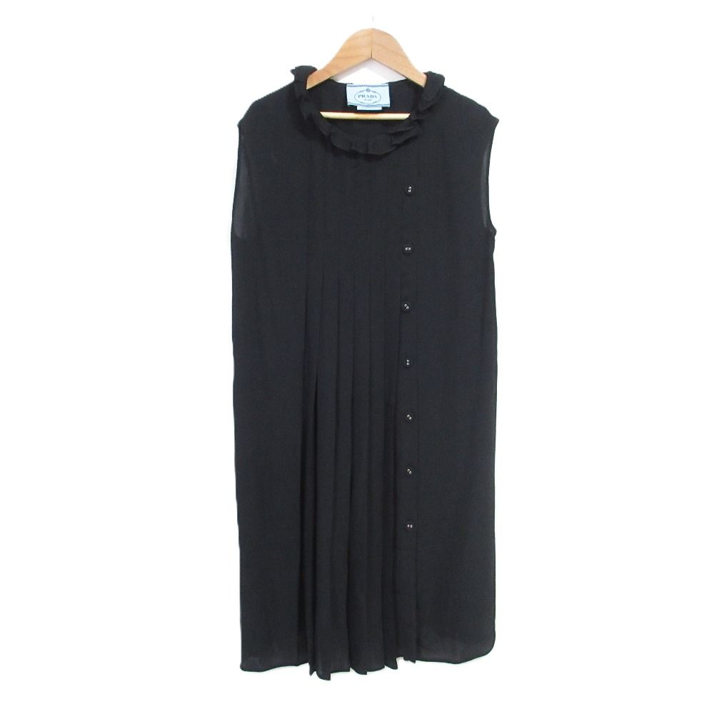美品 PRADA プラダ フリルカラー ノースリーブ プリーツワンピース 38