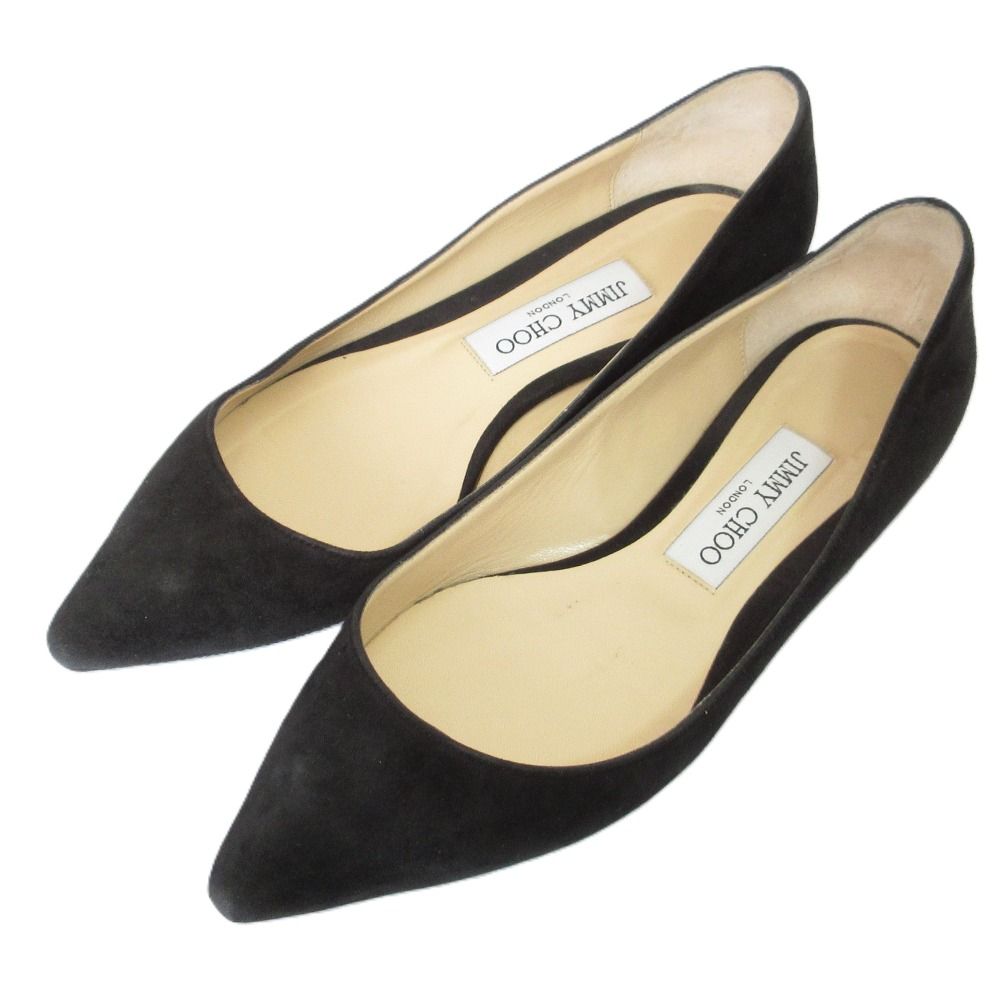美品 JIMMY CHOO ジミーチュウ スウェード ポインテッドトゥ フラットパンプス 36.5 23.5cm相当 ブラック レディース 古着  USED