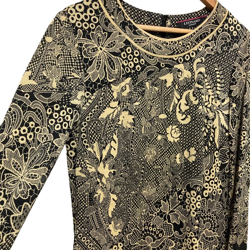LEONARD レオナール フラワープリント ウールワンピース サイズ36 ブラック ベージュ レディース 古着