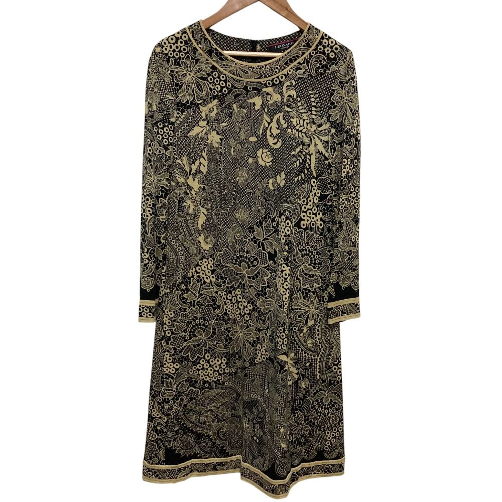 LEONARD レオナール フラワープリント ウールワンピース サイズ36 ブラック×ベージュ レディース 古着