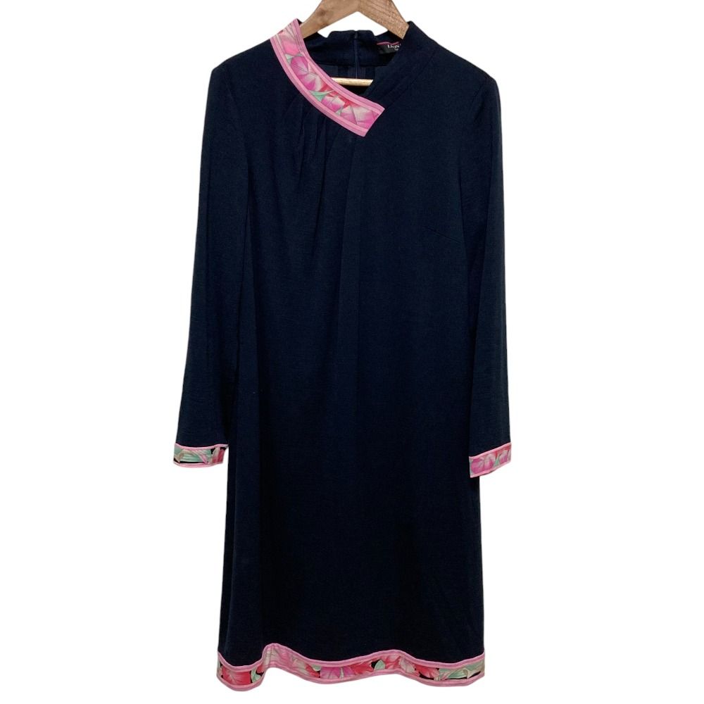 LEONARD レオナール フラワープリントパイピング ウールワンピース サイズ40 ネイビー ピンク レディース 古着