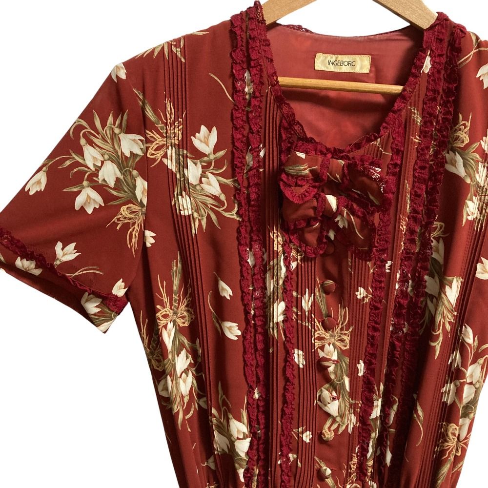 INGEBORG インゲボルグ フラワープリント リボンレースワンピース レッド レディース 古着