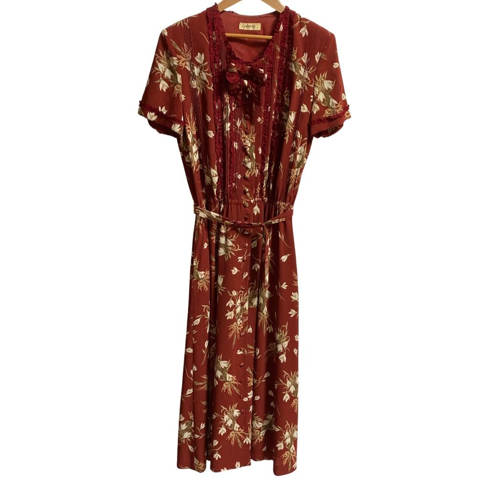 INGEBORG インゲボルグ フラワープリント リボンレースワンピース レッド レディース 古着