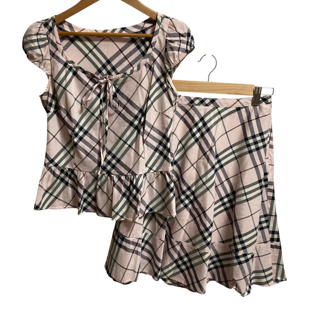 BLUE LABEL バーバリーブルーレーベル ノバチェック ブラウス スカート セットアップ サイズ38 36 ピンク レディース 古着