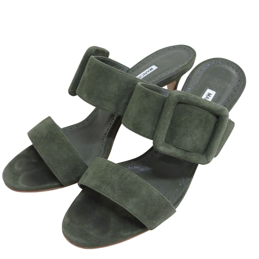 MANOLO BLAHNIK マノロブラニク GABLE スエード ベルト サンダル サイズ38 24.0 cm相当 オリーブカーキ レディース 古着