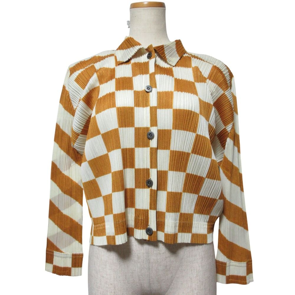 PLEATS PLEASE プリーツプリーズ イッセイミヤケ チェックプリント ロングスリーブシャツ PP 31 JD 811 サイズ3 イエロー ベージュ レディース 古着