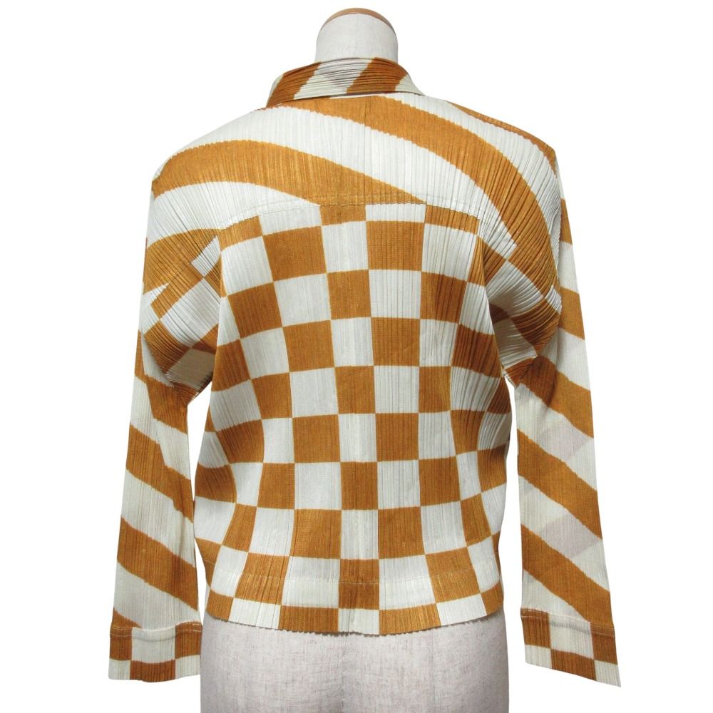 PLEATS PLEASE プリーツプリーズ イッセイミヤケ チェックプリント ロングスリーブシャツ PP 31-JD 811 サイズ3 イエロー ベージュ レディース 古着
