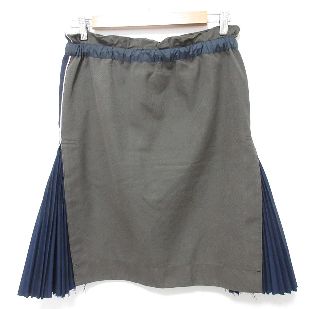 sacai サカイ ドローストリング ひざ丈 サイドプリーツ スカート 17-02935 サイズ2 カーキ ネイビー レディース 古着