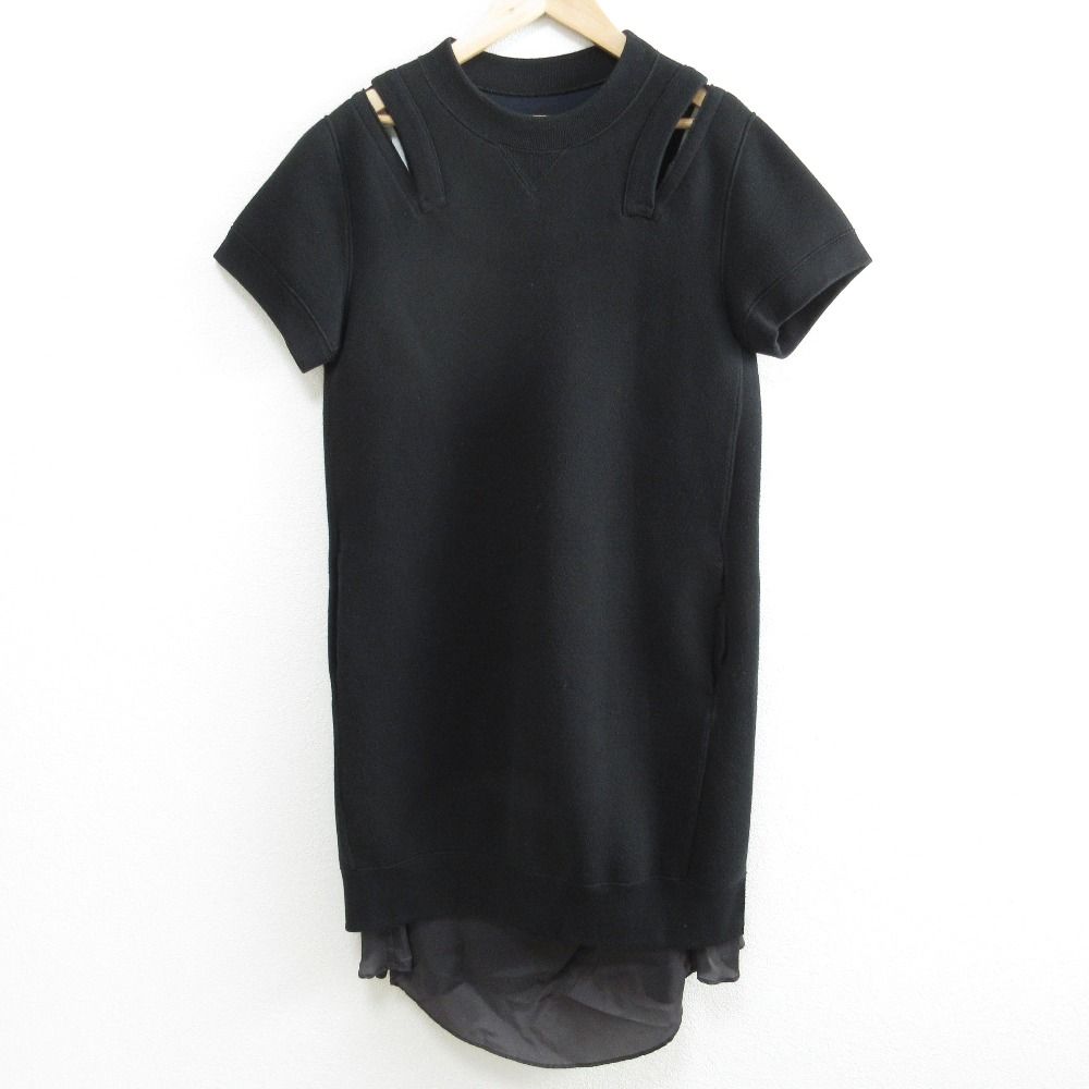 sacai サカイ カットアウト 半袖 ひざ丈 ドッキング スウェットワンピース 16 02631 サイズ2 ブラック レディース 古着
